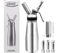 Professional Whipped Cream Dispenser, Aluminum Cream Whipper 500ml with Leak-Free Reinforced Threads, Durable Dessert & Coffee Whipping Maker with 3 Decorating Nozzles, Silver