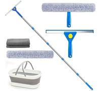 Professional Window Cleaning Equipment, Window Cleaning Kit with 12 Litre Collapsible Bucket, 14" Window Silicone Squeegee and 15" Microfiber Scrubber with 78" Long Handle, for Commercial & Household