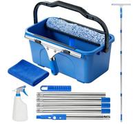 Professional Window Cleaning Equipment with 3Gal/12L Bucket, 35cm Window Squeegee & 37cm Scrubber with 200cm/6.5FT Long Handle, Spray Bottle, Cloth, Window Cleaning Kit for Commercial & Household Use