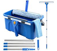 Professional Window Cleaning Kit with 3Gal/12L Bucket, 14" Squeegee, 15" Scrubber & 61" Long Telescopic Handle, Window Cleaner Equipment for Home Outdoor Windows, Car & Glass (Blue)