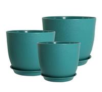 PROFIKLA 20cm, 18cm, 16cm Plastic Plant Pots, Plant Pots with Drainage Holes and Saucers, A Set of 3 Flower Pots, Modern Decorative Planters, Blue