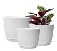 PROFIKLA 30cm, 25cm,23cm Plastic Plant Pots, Pack of 3 Planters, Large Plant Pots with Drainage Holes and Saucers, Modern Decorative Flower Pots, White