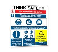 PROFILESIGNS.CO Think Safety Board - Site Rules, PPE, Induction, Underground Services - HSE Guidance - Self-Adhesive Vinyl, Rigid PVC, Aluminium - 600x400mm