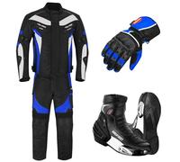 PROFIRST Men's Motorbike Suit with Motorcycle Boots & Gloves - 2-Piece Riding Suit with CE Approved Full Armors, Jacket, Trousers, Boots & Gloves All Season (Blue, L)