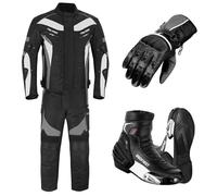 PROFIRST Men's Motorbike Suit with Motorcycle Boots & Gloves - 2-Piece Riding Suit with CE Approved Full Armors, Jacket, Trousers, Boots & Gloves All Season (Grey, 4XL)