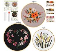 profiwoab 3 Sets Embroidery Kit for Beginners Hand Embroidery Kits for Adults with Hoops, DIY Art Project Craft Kit Floral Pattern Plants Cross Stitch Kit