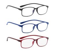 PROFLEX BluOptix Blue Light Blocking (3 Pack) lightweight, flexible, scratch resistant, unisex (mens + womens), computer screen technology reading glasses (black, blue & red +2.0)