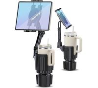 Profortop 2-in-1 Cup Holder Tablet Mount Expander, 2-Section Foldable 15" Height Adjustable Arm & 360° Rotation, Universal Fit for iPad, iPhone, All Smartphones and Most Bottles for Car SUV Truck