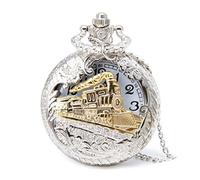 Profusion Circle Retro Hollow Steam Train Antique Style Quartz Pocket Watch Necklace Gift (Silver)
