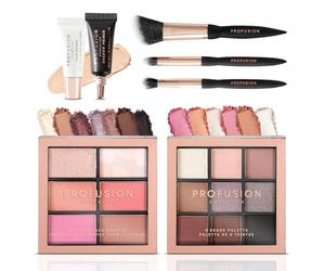 Profusion Cosmetics Artistry On The Go Makeup Kit, 9 Shade Eyeshadow, 6 Shade Face Palettes, 2 Eyes and 1 face Brush, with Face and Eye Primer