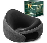 Proglobe Ash Black Memory Foam Travel Neck Pillow for Airplanes, Compact Plane Cushion for Long Flights with Soft Chin Support and Compression Bag, Comfortable Lightweight Air Travel Accessory