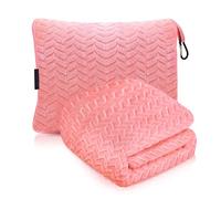 Proglobe Premium Travel Blanket Pillow, 2 in 1 Camping Blanket and Pillow Set, Compact Airplane Travel Blanket with Bag, Travel Must Haves with Luggage Sleeve and Backpack Clip, 107x173cm, Pink