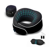 Proglobe Travel Pillow, Memory Foam Neck Pillow Set, Orthopedic Pillow, Travel Essentials for Flying, Kit with 3D Contoured Sleep Mask, Earplugs and Luxury Mesh Bag (Black)