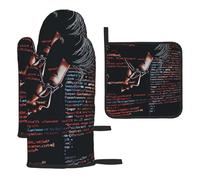 Programming Code Programmer Prints Oven Mitts and Pot Holders, Set of 3 Heat Resistant Kitchen Gloves and Potholders for Picnic, BBQ, Cooking and Baking