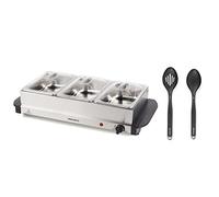 Progress COMBO-7929 3 Pan Buffet Server, Shimmer Slotted Spoon and Solid Spoon, Dual Function Hot Plate, Soft-Touch Handle, Portable Chafing Dish, Ideal for Entertaining and Serving Hot Food