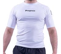 Progress Jiu Jitsu Academy Short SleeveRashguard | Flexible and Durable BJJ Rash Guard | Moisture-Wicking Compression Tops for Men and Women | 80% Polyester/20% Spandex White S