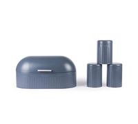 Progress Mellow 4 Piece Kitchen Storage Set - Bread Bin & Tea, Coffee, Sugar Canisters, Powder Coated Blue Finish, Embossed Lettering Countertop Set