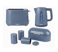 Progress Mellow Kitchen Set - 1.7L 3000W Rapid Boil Kettle with 360° Base, 2-Slice Toaster with 7 Browning Controls & 4 Piece Bread Bin, Tea, Coffee & Sugar Storage Canister Set, Blue