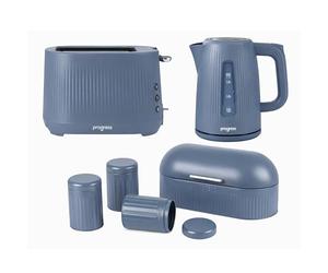 Progress Mellow Kitchen Set - 1.7L 3000W Rapid Boil Kettle with 360° Base, 2-Slice Toaster with 7 Browning Controls & 4 Piece Bread Bin, Tea, Coffee & Sugar Storage Canister Set, Blue