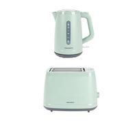 Progress Neutrals Kettle & 2-Slice Toaster Set - 1.7L 3000W Fast-Boil Kettle, 360° Swivel Base, Boil-Dry Protection, 900W Toaster with 6 Browning Levels, Wide Slots, Removable Crumb Tray, Green