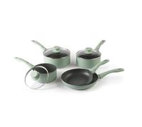 Progress Neutrals Pan Set, 5 Piece Non Stick Cookware Set with Glass Lids | 2 Fry Pans 20cm And 24cm, 3 Saucepans 16cm 18cm 20cm, Recycled Aluminium Body, Soft Touch Handles, Tempered Glass Steam Vents