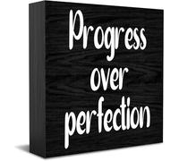 Progress Over Perfection Home Office Decor Wooden Box Sign, Decorative Positive Office Desk Accessories Wood Plaque Wood Table Sign For Tv Cabinet Shelf 5 X 5 Inch