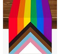 Progress Pride Table Runner, Pride Month Party Decorations, Rainbow Stripes Linen Table Runner, LGBTQ Gay Lesbian Tablecloth for Rainbow Party Home Kitchen Dining Room Decor (33 x 183cm)