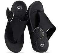 Project Cloud 100% Genuine Leather Flat Sandals for Women 2026 Comfortable Beach Essentials Womens Sandals Memory Foam Vacation Essentials Slides for Women Footwear (ARLEE BUCKLE), Black Leather, 4.5