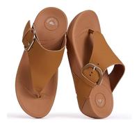 Project Cloud 100% Genuine Leather Flat Sandals for Women 2026 Comfortable Beach Essentials Womens Sandals Memory Foam Vacation Essentials Slides for Women Footwear (ARLEE BUCKLE), Tan Leather, 7 UK