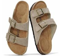 Project Cloud 100% Genuine Leather Flat Sandals Women Comfortable Beach Essentials Womens Sandals Memory Foam Vacation Essentials Comfy Women's Sandals Slides for Women Footwear, Taupe Suede, 8 US