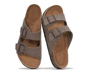 Project Cloud 100% Genuine Leather Mens Sandals - Memory Foam Insole & Cork Footbed Slides for Men Footwear - Non-Slip Summer Sandals for Men & Lightweight Mens Slides (Heritage), Charcoal Leather