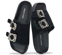Project Cloud 100% Genuine Leather Platform Sandals for Women Memory Foam Footbed Slip Resistant Sandals for Women with Adjustable Straps Stylish Footwear for Women, Black Suede, 24.5 cm
