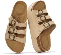 Project Cloud 100% Genuine Leather Platform Sandals Women Footwear - Comfortable Womens Slides Memory Foam Insole - Non Slip Water-Resistant 3-Strap Wedge Sandals for Women 2026 (Dyan), Nude Suede, 6