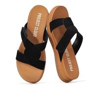 Project Cloud Genuine Leather Flat Sandals Women 2025 Beach Essentials Womens Sandals Memory Foam Vacation Essentials Slides for Women Footwear (Nina), Black Suede, 4.5 UK