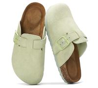 Project Cloud Genuine Leather Footbed Clogs for Women - Memory Foam Arch Support Slippers for Women - Trendy Slip-ons Women's Mules & Clogs Sandals (Benton), Sage Suede, 5.5 UK