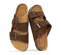 Project Cloud Genuine Leather Mens Sandals with Memory Foam Natural Cork Footbed Slides for Men Footwear - Non-Slip Double-Strap Buckle Summer Sandals (Arizona), Chocolate Suede, 16.5 cm