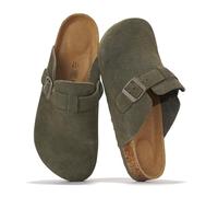 Project Cloud Mens Clogs - 100% Full Grain Genuine Leather Clogs for Men with Memory Foam Insole and Arch Support Natural Cork Footbed - Non Slip Mules Mens Slippers (Brooklyn), Olive Suede, 8 UK