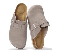 Project Cloud Mens Clogs - 100% Full Grain Genuine Leather Clogs for Men with Memory Foam Insole and Arch Support Natural Cork Footbed - Non Slip Mules Mens Slippers (Brooklyn), Grey Mono Suede, 9 UK