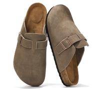 Project Cloud Mens Clogs - 100% Full Grain Genuine Leather Clogs for Men with Memory Foam Insole and Arch Support Natural Cork Footbed - Non Slip Mules Mens Slippers (Brooklyn), Taupe Suede, 9 UK