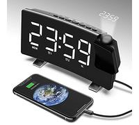 Projection Alarm Clock with FM Radio,USB Charger, 8"LED Mirror Screen Big Digit, 180° HD 5-meter projection Alarm Clock with Snooze Function/3 Dimmer/Dual alarm clock /Power Failure Memory (001)