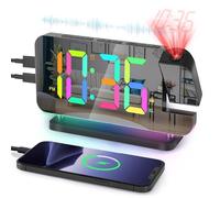 Projection Alarm Clock with Radio, Digital Clock with 180° Rotatable Projector, Alarm Clocks Bedside with 10 Modes RGB Night Light, 11 Colors LED Display, Dimmable, Volume, Snooze, for Bedroom Black