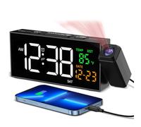Projection Alarm Clocks Bedside, Loud Alarm Clock with 350° Rotatable Projector, Temperature, Date, 10 Alarmtones, 4 Volumes, 5 Dimmer, USB Charger, Projector Alarm Clock for Bedroom Living Room