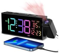 Projection Alarm Clocks Bedside, Loud Alarm Clock with 350° Rotatable Projector, Temperature, Date, 10 Alarmtones, 4 Volumes, 5 Dimmer, USB Charger, Projector Alarm Clock for Bedroom Living Room