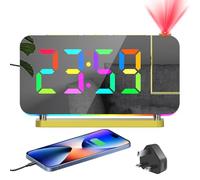Projection Clock: 180° Projector Alarm Clocks Bedside, Mains Powered, 2 Phone Charger, 10 RGB Light, 11 Color Digits, Digital Alarm Clock with Snooze, LED Mirror Screen Kids Boys Girls Bedroom