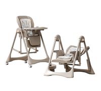 Prokoke PU Leather Highchairs with Swinging and Baby Feeding Dining Dual Modes, Foldable Convertible High Chair for Toddlers with Multi-Angle Adjustments, Detachable Double Trays, Wheels (8121 Khaki)