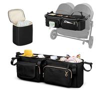 Prokva Double Stroller Organizer Compabitle with BOB Duallie and City Mini GT2 Double Stroller, Double Parent Stroller Caddy Organizer with Cup Holder and Cooler Bag, Black(Empty Bag)