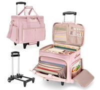 Prokva Rolling Scrapbook Bag, Scrapbook Storage Tote Bag with Wheels, Craft Cart Organizer with Detachable Trolley, Art Supplies Organizer Bag for Artist Crafter Teacher, Pink (Patent Design)