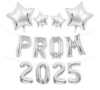 Prom 2025 Balloons, 16Inchs Gold Foil Letters Balloon with 4Pcs Star for Class of 2025 Prom Night Graduation Party Decor (Silver)