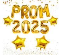 Prom 2025 Decorations, 12Pcs Golden Balloon Set with PROM 2025 Foil Letters and Stars for Graduation Party Decorations, Perfect for Indoor and Outdoor Prom Night Celebrations