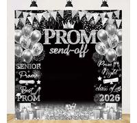 Prom 2026 Graduations Backdrop Black Sliver Prom Send Off Backdrop 2026 Congratulations Graduates Graduation Party Decorations Background (silver, 6X6FT (180x180cm))